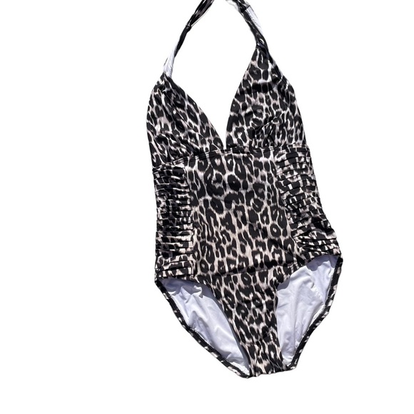 CALVIN Klein Brown and White Cheetah Print Rouched Tie Up One Piece Swim Suit - Picture 2 of 11